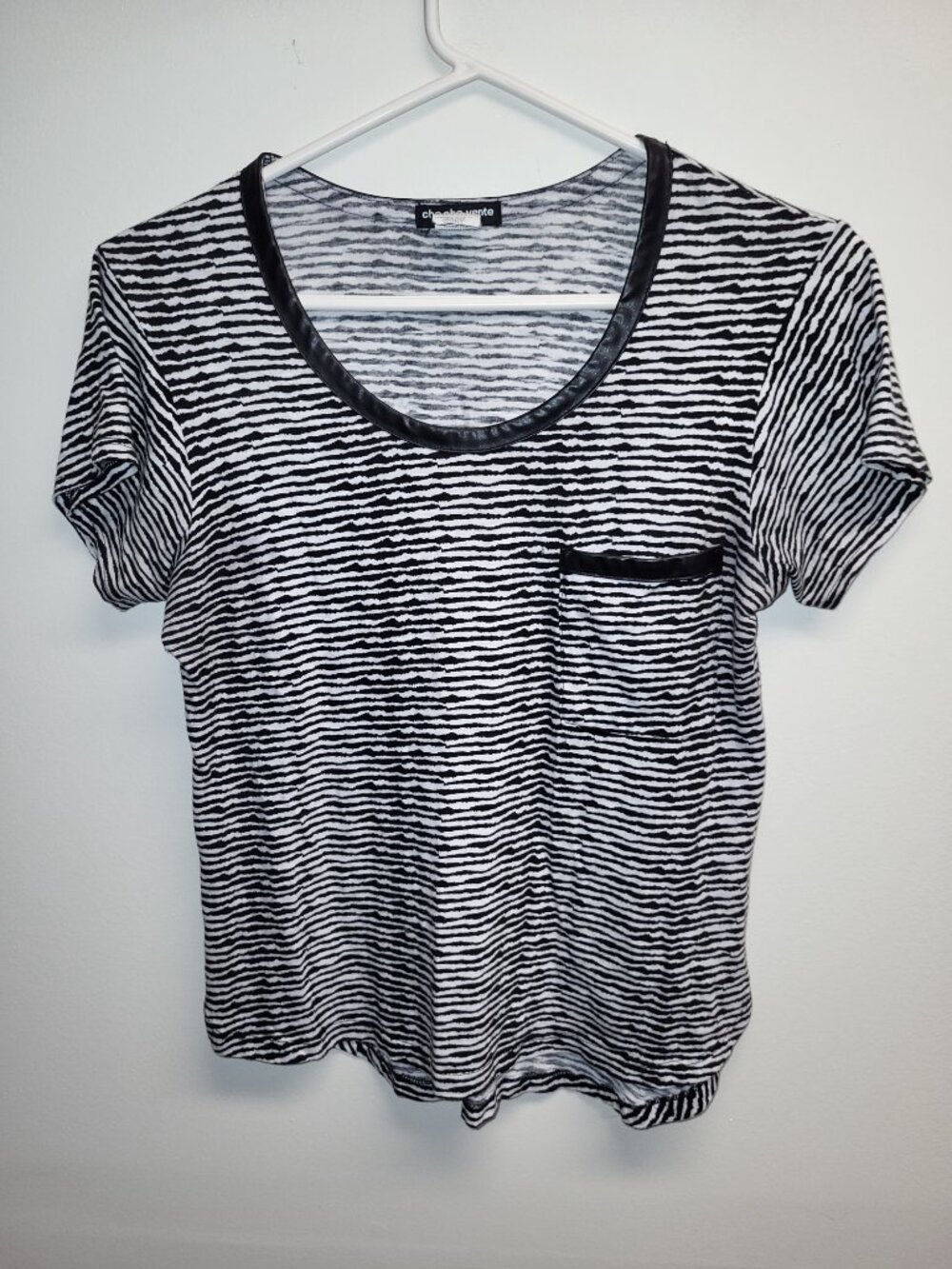 Cha Cha Vente Black White Striped Faux Leather Trim Pocket Tee Sz Small